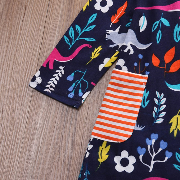 Dinosaur Long Sleeve Blue Girls Dress - Picture 3 of 3